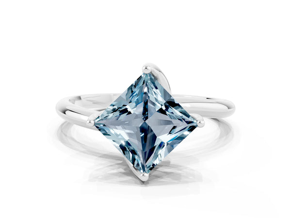 White gold Princess Cut Aquamarine Solitaire Engagement Ring with Four-Prong Setting and Classic Band