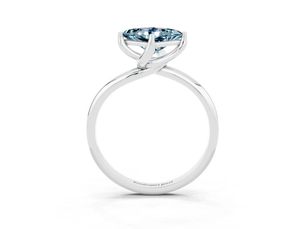 Silver Princess Cut Aquamarine Solitaire Engagement Ring with Four-Prong Setting and Classic Band