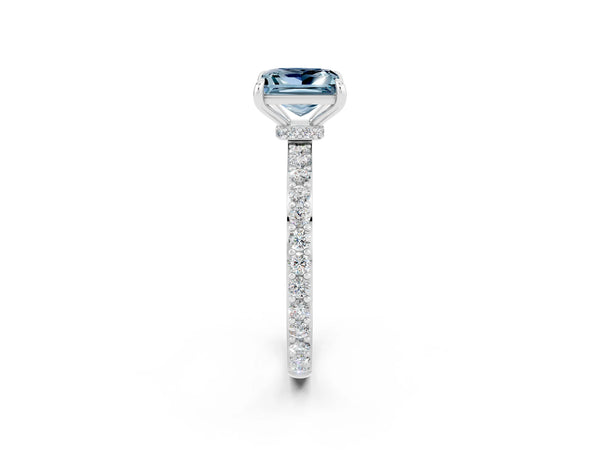 Silver Princess Cut Aquamarine Solitaire Engagement Ring with Pavé Band and Four-Prong Setting