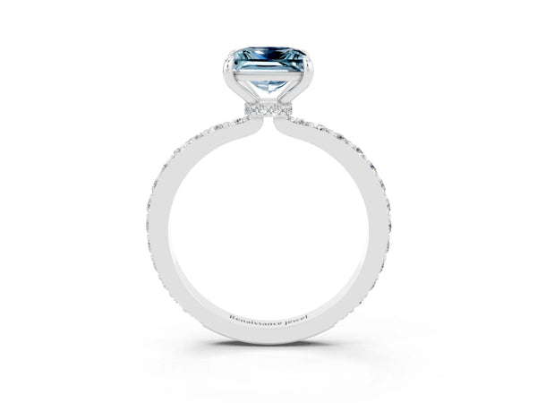 White gold Princess Cut Aquamarine Solitaire Engagement Ring with Pavé Band and Four-Prong Setting