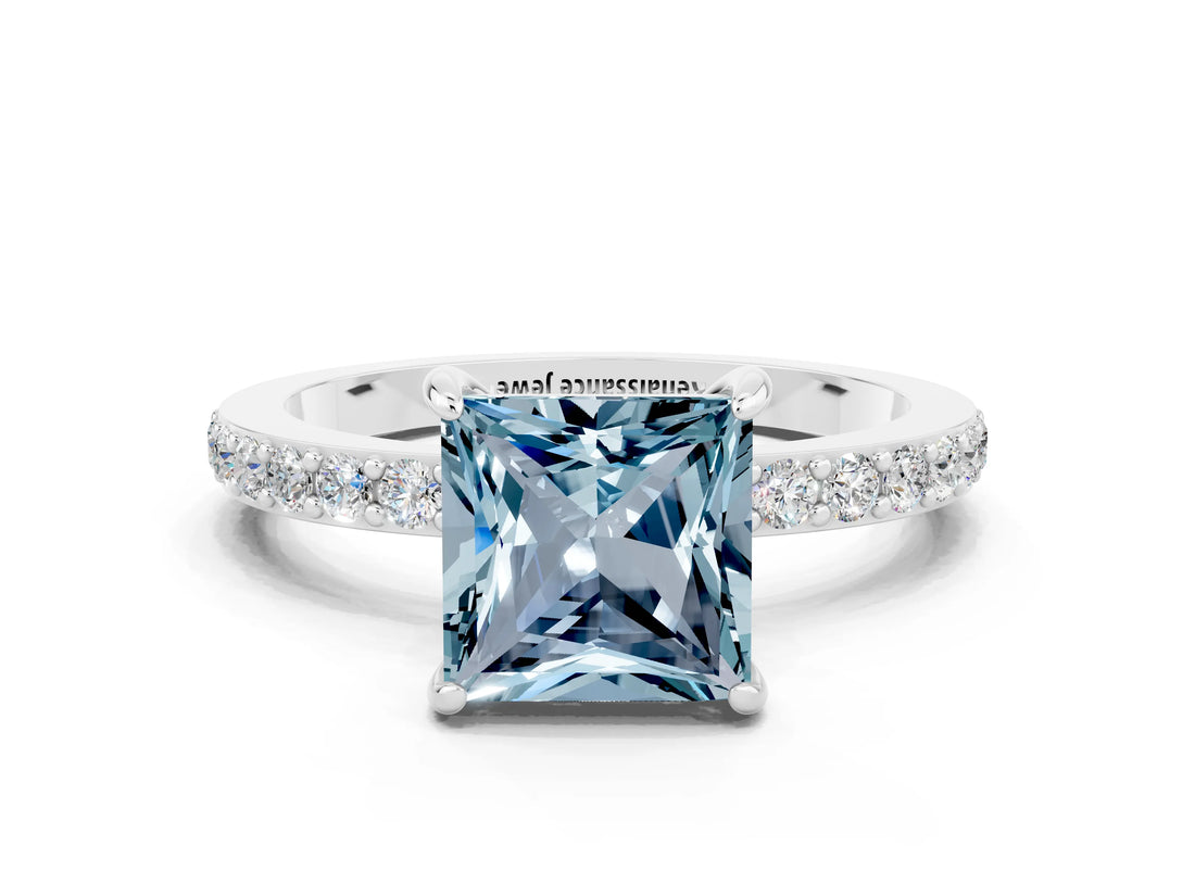 White gold Princess Cut Aquamarine Solitaire Engagement Ring with Pavé Band and Four-Prong Setting