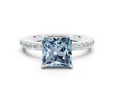 White gold Princess Cut Aquamarine Solitaire Engagement Ring with Pavé Band and Four-Prong Setting