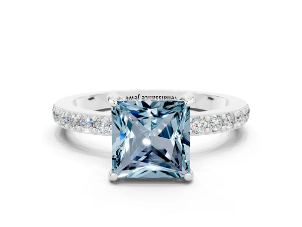 Silver Princess Cut Aquamarine Solitaire Engagement Ring with Pavé Band and Four-Prong Setting