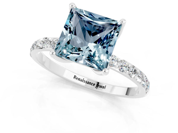 Platinum Princess Cut Aquamarine Solitaire Engagement Ring with Round  Pavé Band and Prong Setting