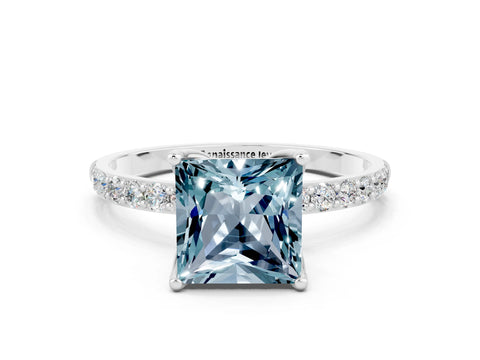 White gold Princess Cut Aquamarine Solitaire Engagement Ring with Pavé Band and Prong Setting