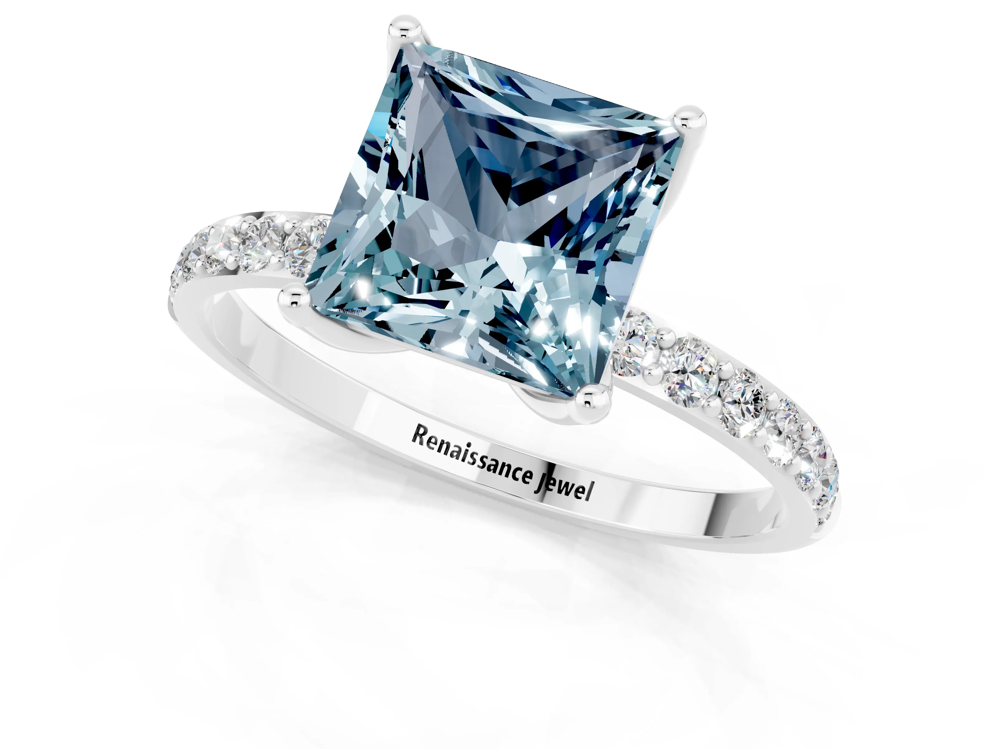 White gold Princess Cut Aquamarine Solitaire Engagement Ring with Pavé Band and Prong Setting_1