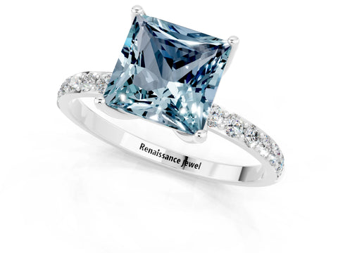 White gold Princess Cut Aquamarine Solitaire Engagement Ring with Pavé Band and Prong Setting_1