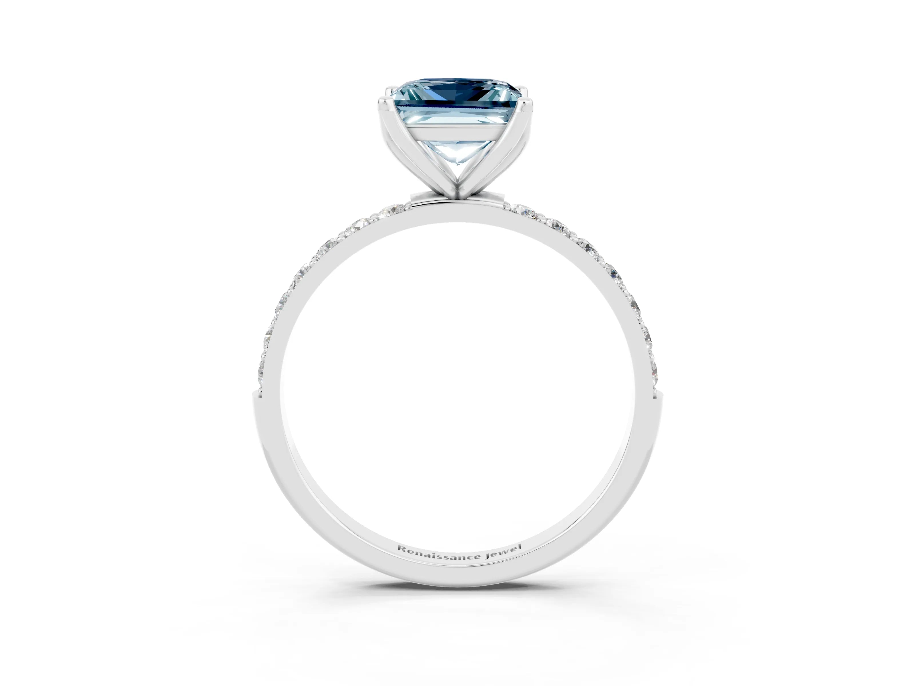 White gold Princess Cut Aquamarine Solitaire Engagement Ring with Pavé Band and Prong Setting_3