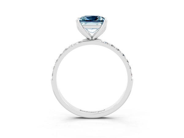 Silver Princess Cut Aquamarine Solitaire Engagement Ring with Round  Pavé Band and Prong Setting