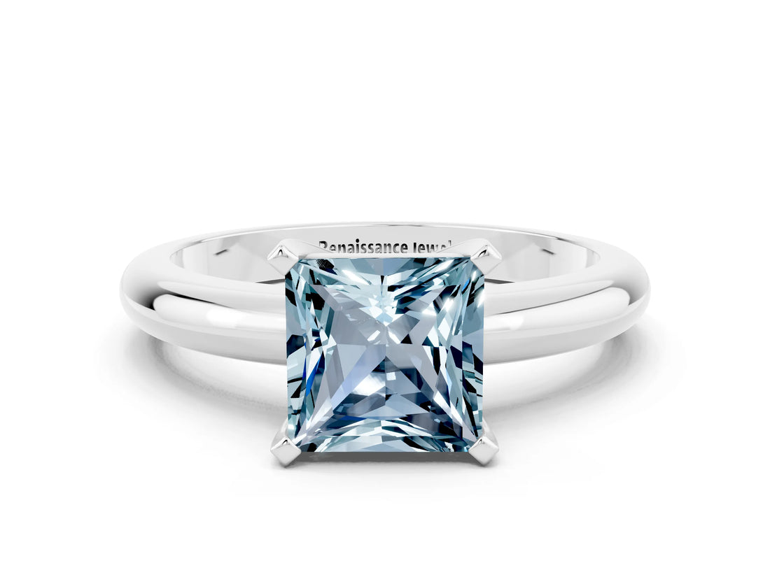 White gold Princess Cut Aquamarine Solitaire Engagement Ring with Round Band and Four-Prong Setting
