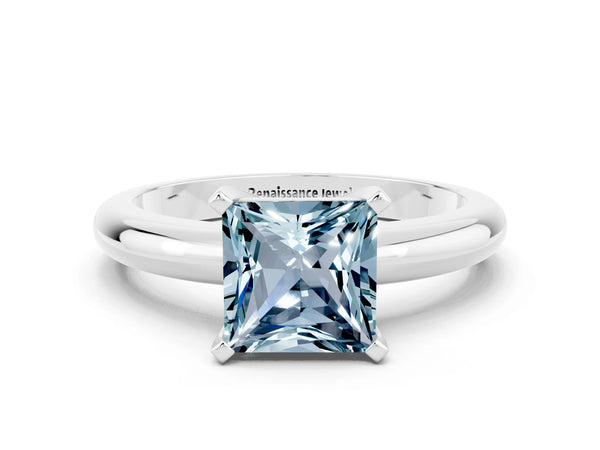 Platinum Princess Cut Aquamarine Solitaire Engagement Ring with Round Band and Four-Prong Setting