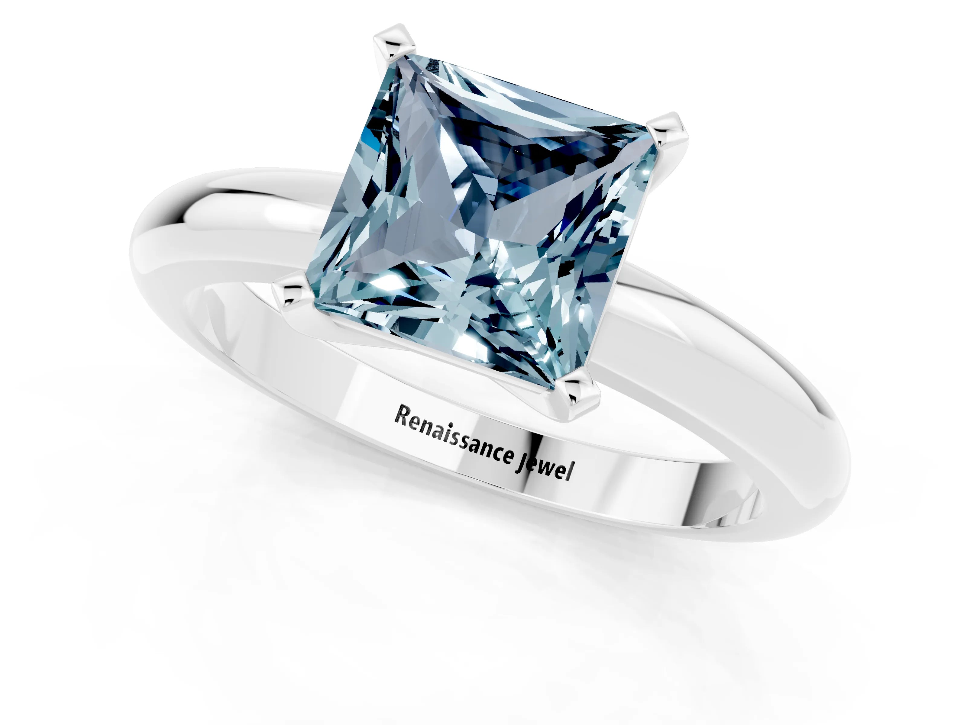 White gold Princess Cut Aquamarine Solitaire Engagement Ring with Round Band and Four-Prong Setting_1