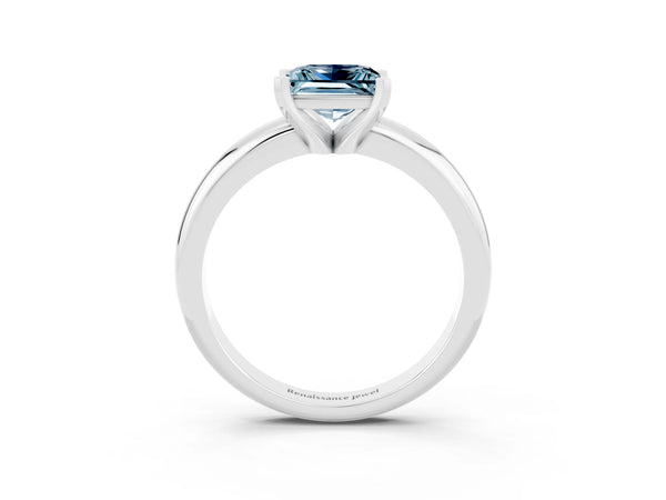 White gold Princess Cut Aquamarine Solitaire Engagement Ring with Round Band and Four-Prong Setting