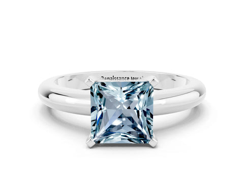 White gold Princess Cut Aquamarine Solitaire Engagement Ring with Round Band and Four-Prong Setting