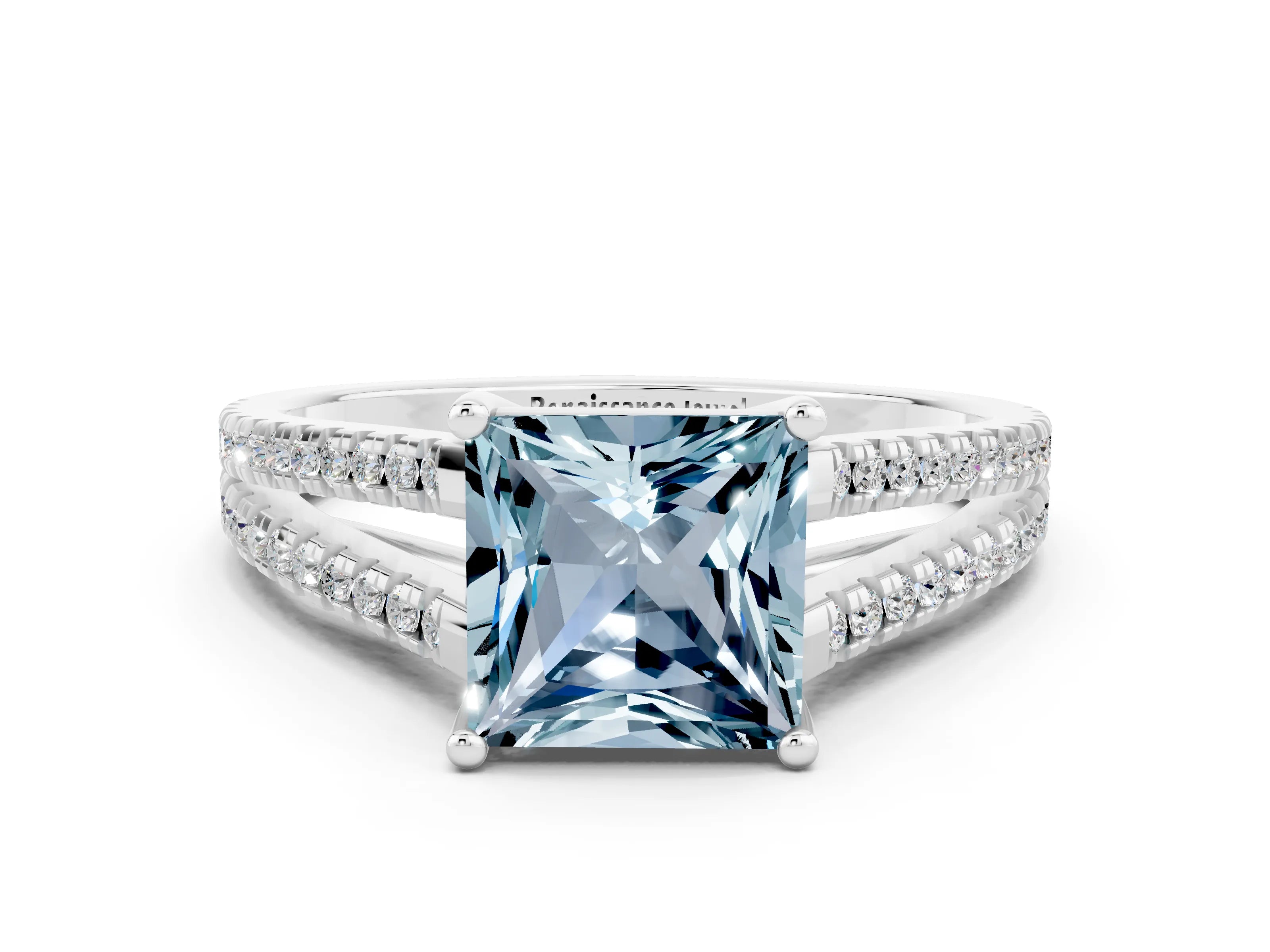 White gold Princess Cut Aquamarine Solitaire Engagement Ring with Split Shank Pavé Band_12