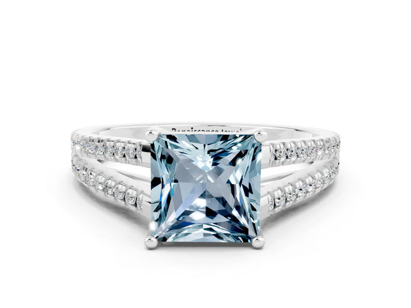 Silver Princess Cut Aquamarine Solitaire Engagement Ring with Split Shank Pavé Band