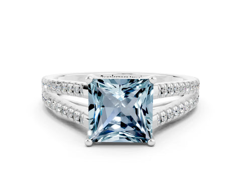White gold Princess Cut Aquamarine Solitaire Engagement Ring with Split Shank Pavé Band_12