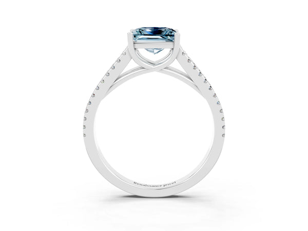 Platinum Princess Cut Aquamarine Solitaire Engagement Ring with Split Shank Pavé Band