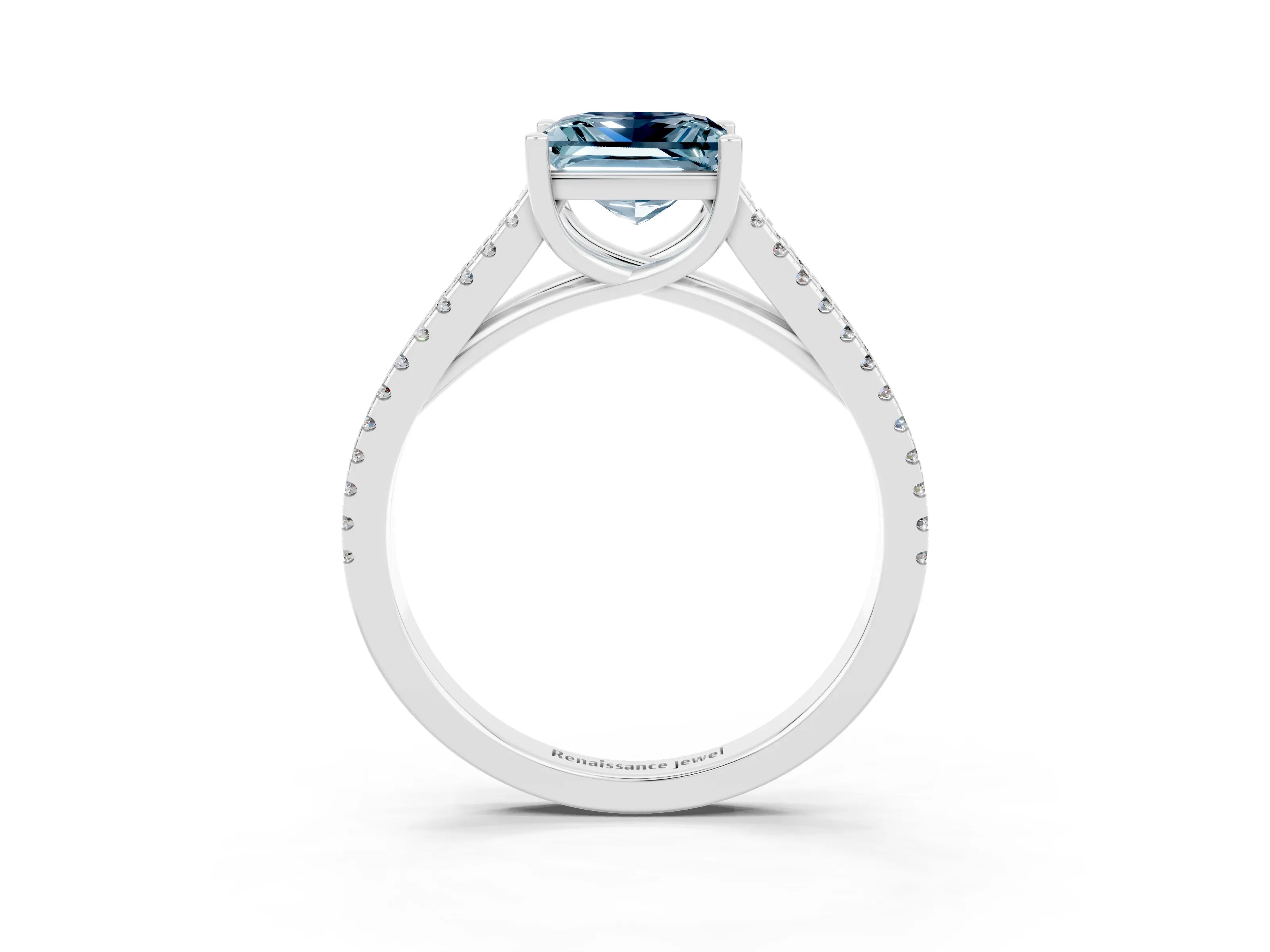 White gold Princess Cut Aquamarine Solitaire Engagement Ring with Split Shank Pavé Band_15