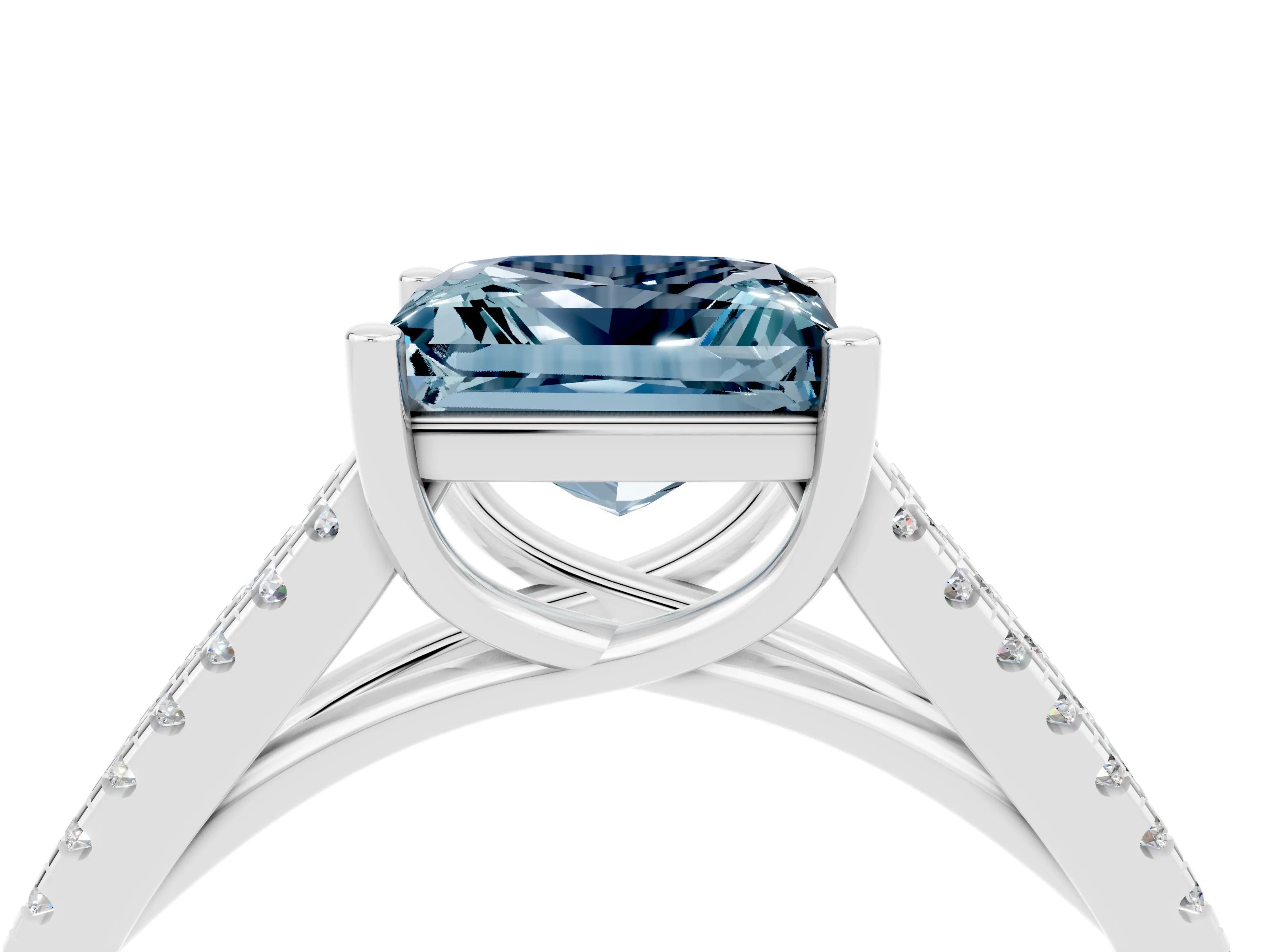 White gold Princess Cut Aquamarine Solitaire Engagement Ring with Split Shank Pavé Band_16