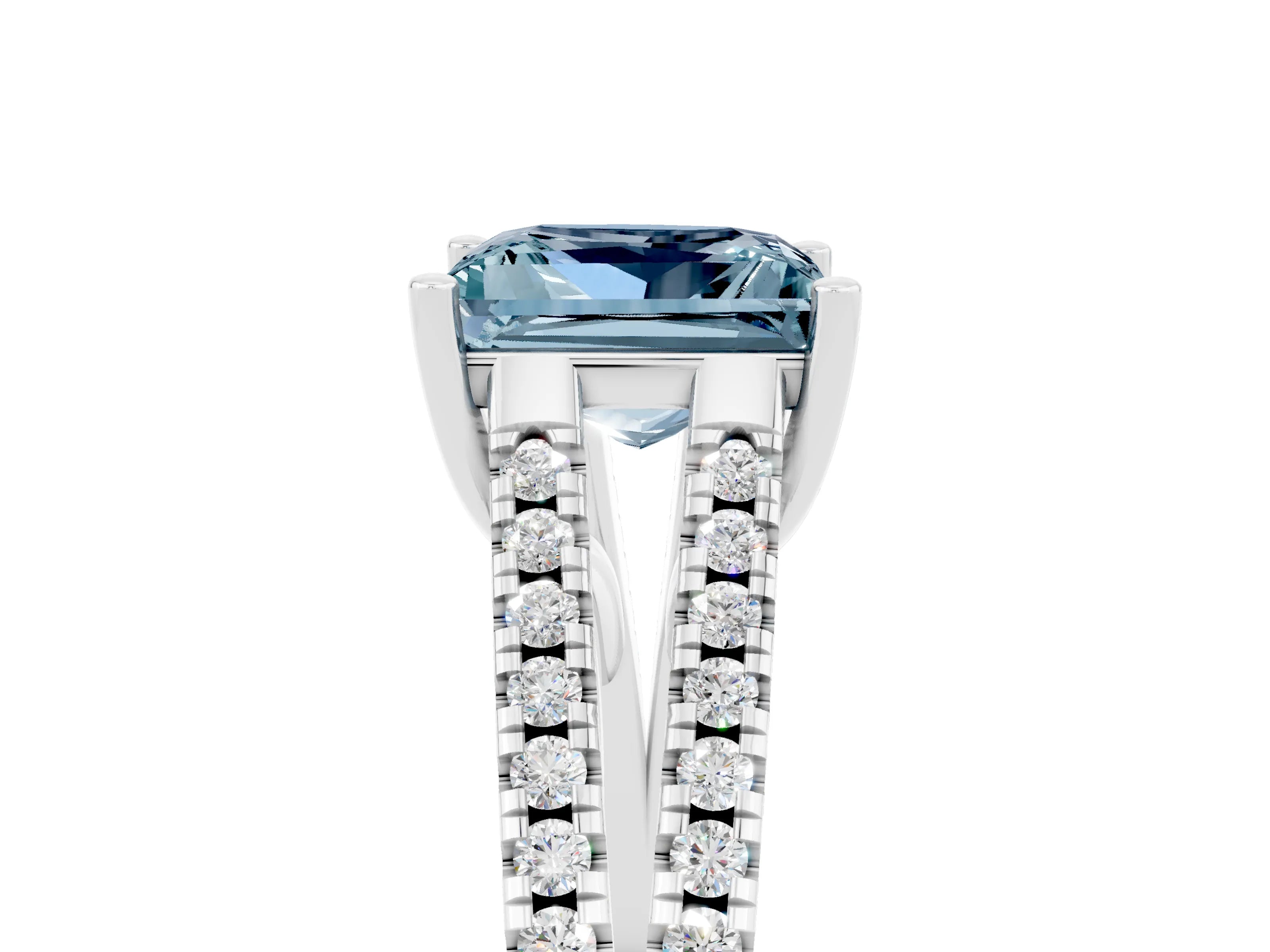 White gold Princess Cut Aquamarine Solitaire Engagement Ring with Split Shank Pavé Band_17