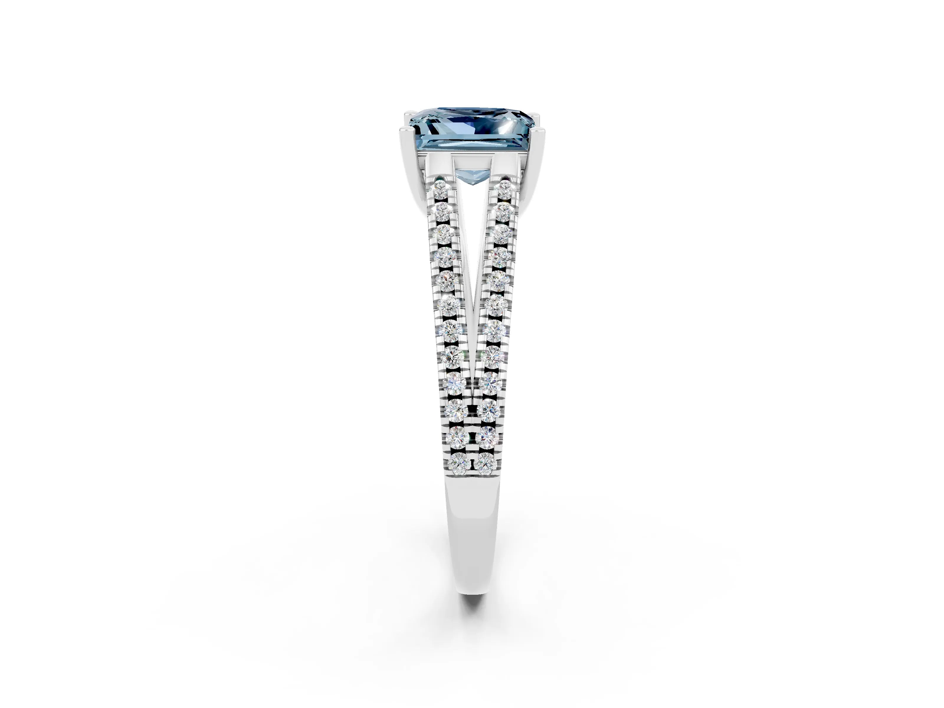 White gold Princess Cut Aquamarine Solitaire Engagement Ring with Split Shank Pavé Band_2
