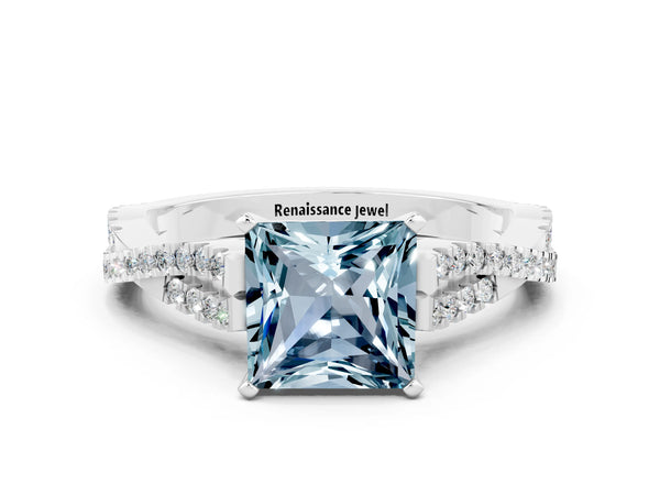 White gold Princess Cut Aquamarine Solitaire Engagement Ring with Twisted Pavé Band and Four-Prong Setting