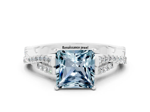 White gold Princess Cut Aquamarine Solitaire Engagement Ring with Twisted Pavé Band and Four-Prong Setting_12