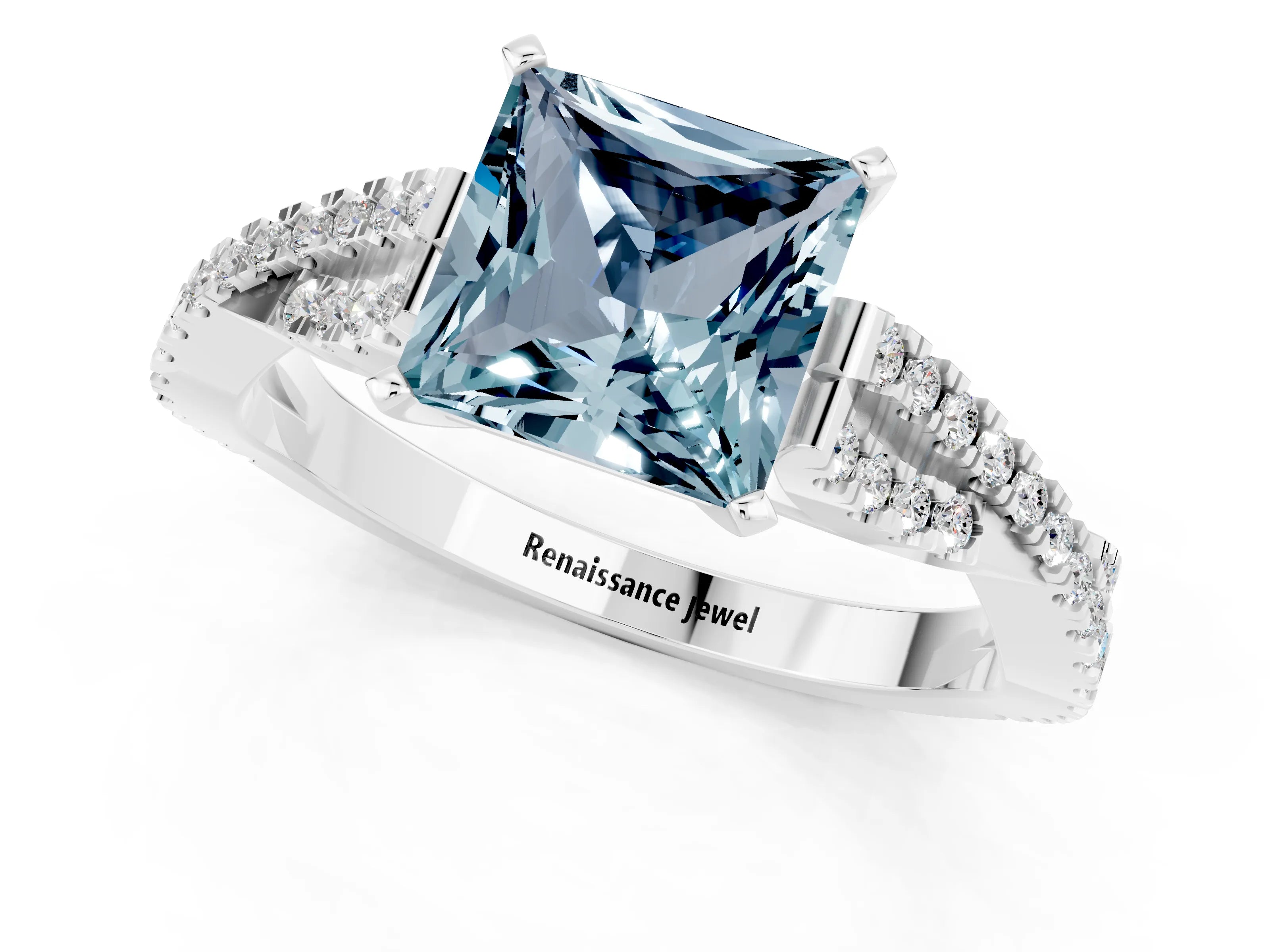 White gold Princess Cut Aquamarine Solitaire Engagement Ring with Twisted Pavé Band and Four-Prong Setting_13