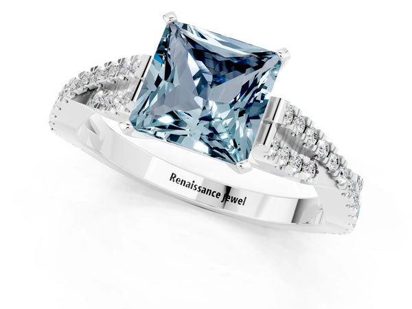 Platinum Princess Cut Aquamarine Solitaire Engagement Ring with Twisted Pavé Band and Four-Prong Setting