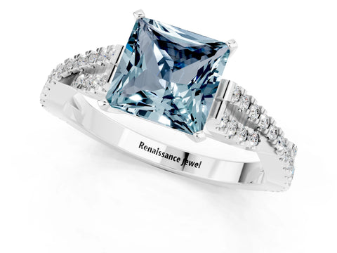 White gold Princess Cut Aquamarine Solitaire Engagement Ring with Twisted Pavé Band and Four-Prong Setting_13