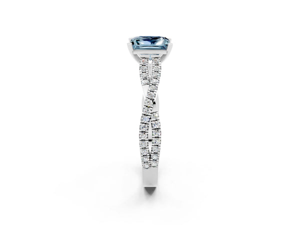 Platinum Princess Cut Aquamarine Solitaire Engagement Ring with Twisted Pavé Band and Four-Prong Setting