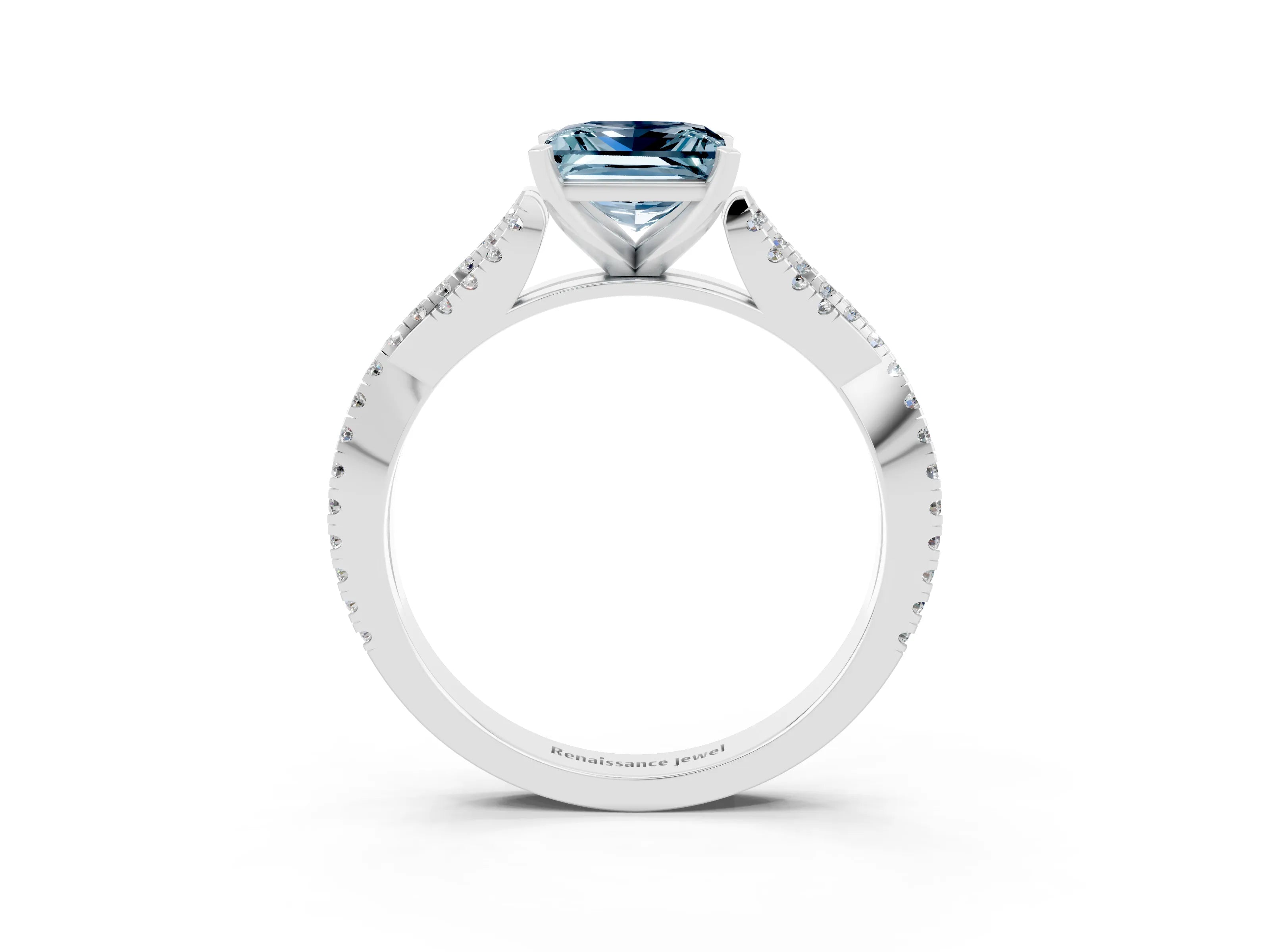 White gold Princess Cut Aquamarine Solitaire Engagement Ring with Twisted Pavé Band and Four-Prong Setting_15
