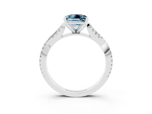 Silver Princess Cut Aquamarine Solitaire Engagement Ring with Twisted Pavé Band and Four-Prong Setting