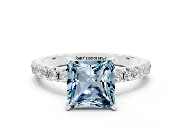 Platinum Princess Cut Aquamarine Solitaire Pavé Band with Four-Prong Setting