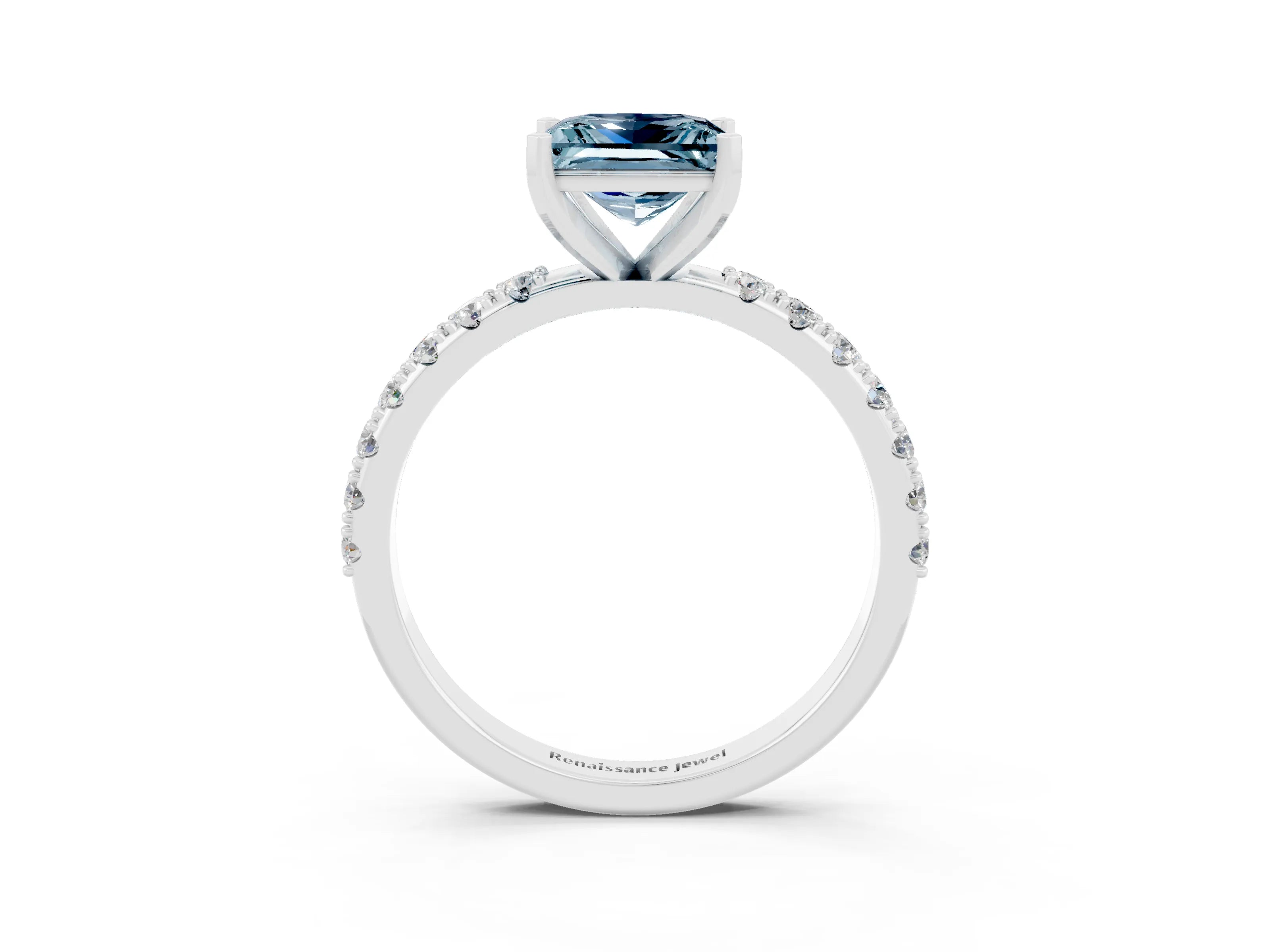 White gold Princess Cut Aquamarine Solitaire Pavé Band with Four-Prong Setting_3
