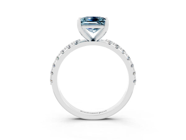 Platinum Princess Cut Aquamarine Solitaire Pavé Band with Four-Prong Setting