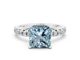 White gold Princess Cut Aquamarine Solitaire Pavé Engagement Ring with Round Band and Prong Setting_12