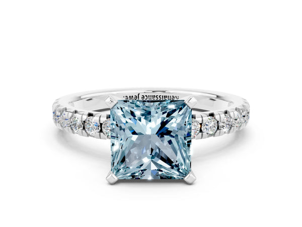 White gold Princess Cut Aquamarine Solitaire Pavé Engagement Ring with Round Band and Prong Setting