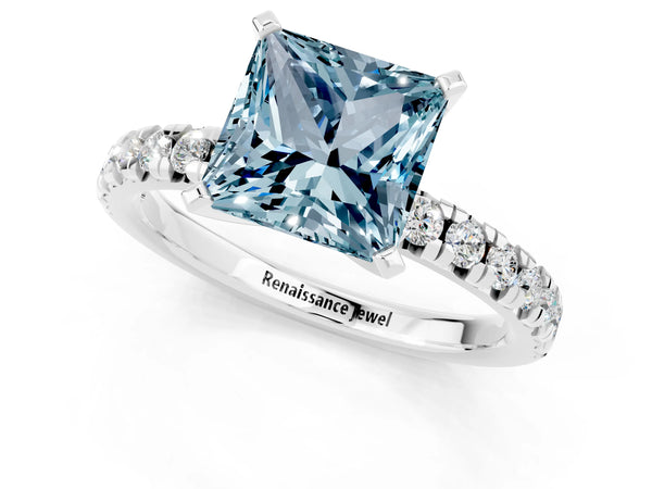 White gold Princess Cut Aquamarine Solitaire Pavé Engagement Ring with Round Band and Prong Setting