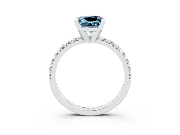 White gold Princess Cut Aquamarine Solitaire Pavé Engagement Ring with Round Band and Prong Setting