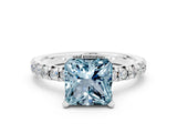 White gold Princess Cut Aquamarine Solitaire Pavé Engagement Ring with Round Band and Prong Setting_78