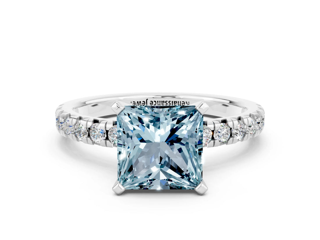 White gold Princess Cut Aquamarine Solitaire Pavé Engagement Ring with Round Band and Prong Setting_78