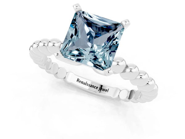 Platinum Princess Cut Aquamarine Solitaire Ring with Beaded Band and Prong Setting