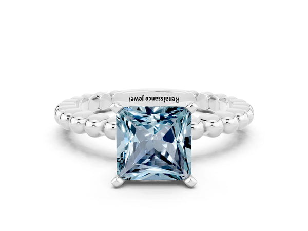 Silver Princess Cut Aquamarine Solitaire Ring with Beaded Band and Prong Setting