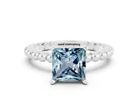 White gold Princess Cut Aquamarine Solitaire Ring with Beaded Band and Prong Setting