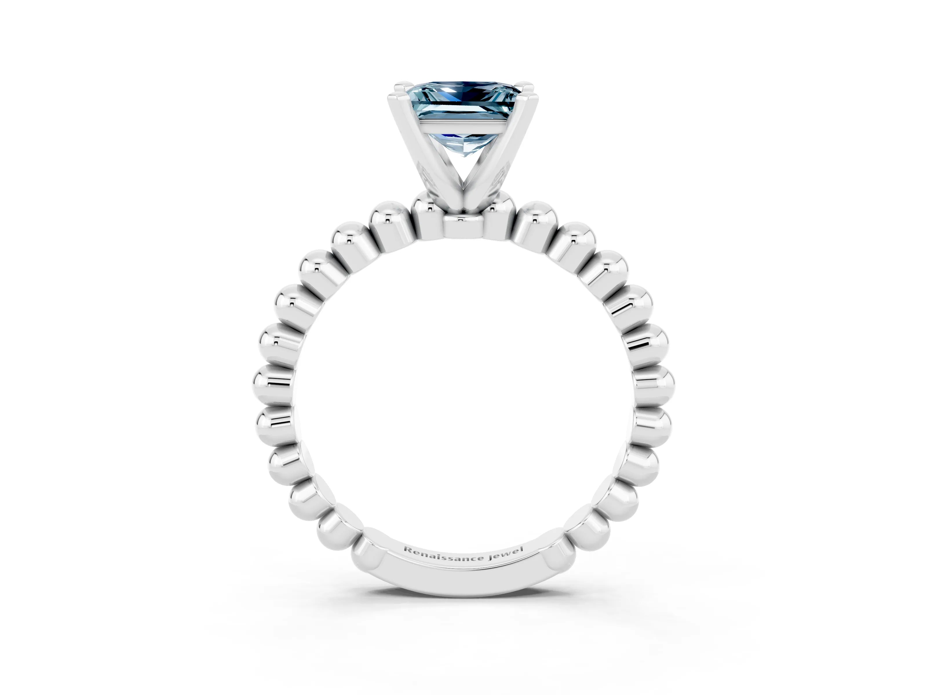 White gold Princess Cut Aquamarine Solitaire Ring with Beaded Band and Prong Setting_15