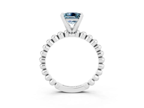White gold Princess Cut Aquamarine Solitaire Ring with Beaded Band and Prong Setting_15