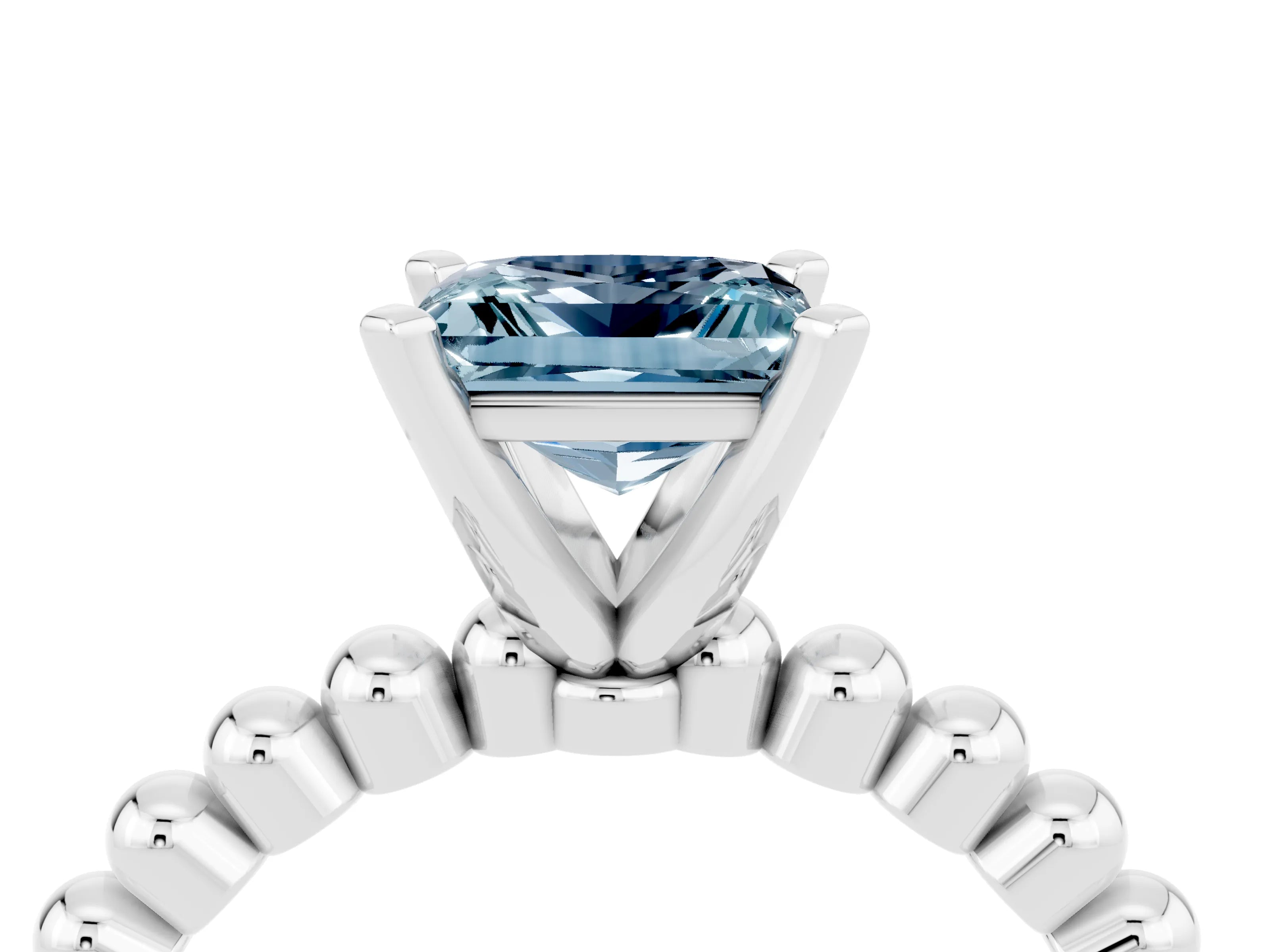 White gold Princess Cut Aquamarine Solitaire Ring with Beaded Band and Prong Setting_4