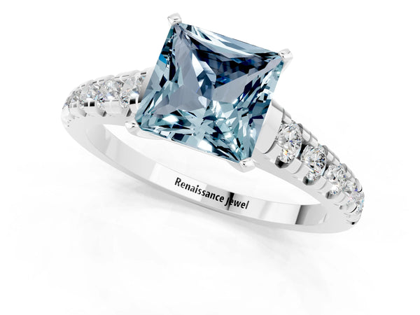 Silver Princess Cut Aquamarine Cathedral Solitaire Ring with Round  Pavé Band